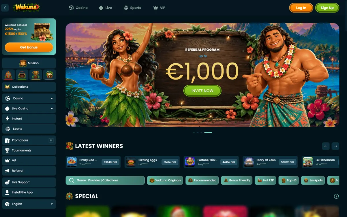 Wakuna Casino home page